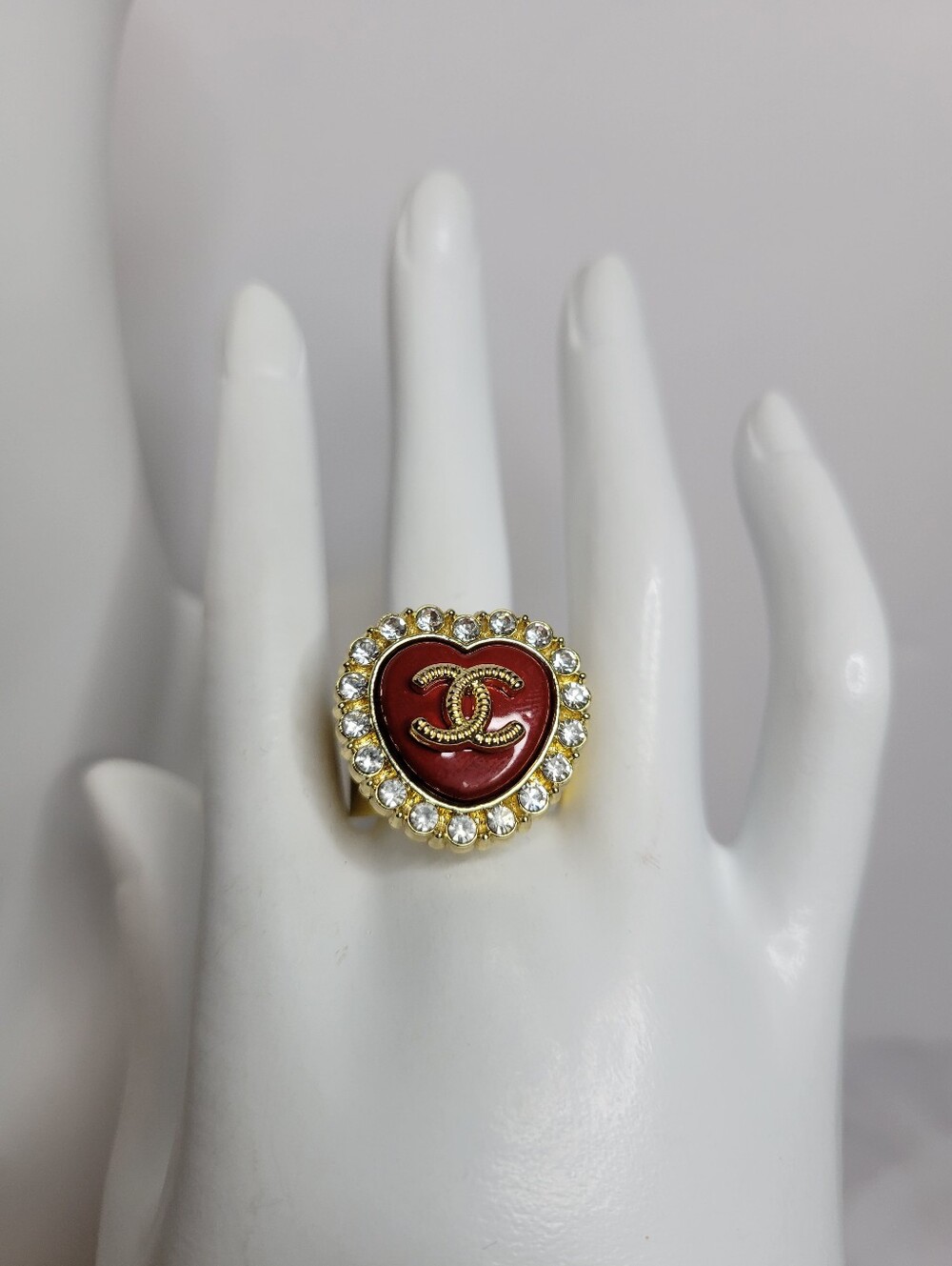 Deep Red/crystal Adjustable Ring, CC Heart Button Ring